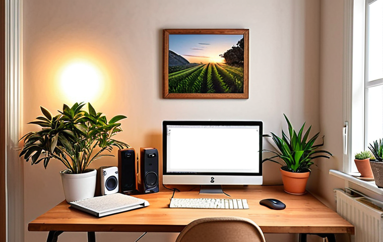 **
A cozy and organized study space in an Italian home, featuring a wooden desk, warm lighting, a green plant, noise-canceling headphones, a whiteboard with goals, and various motivational items.
**